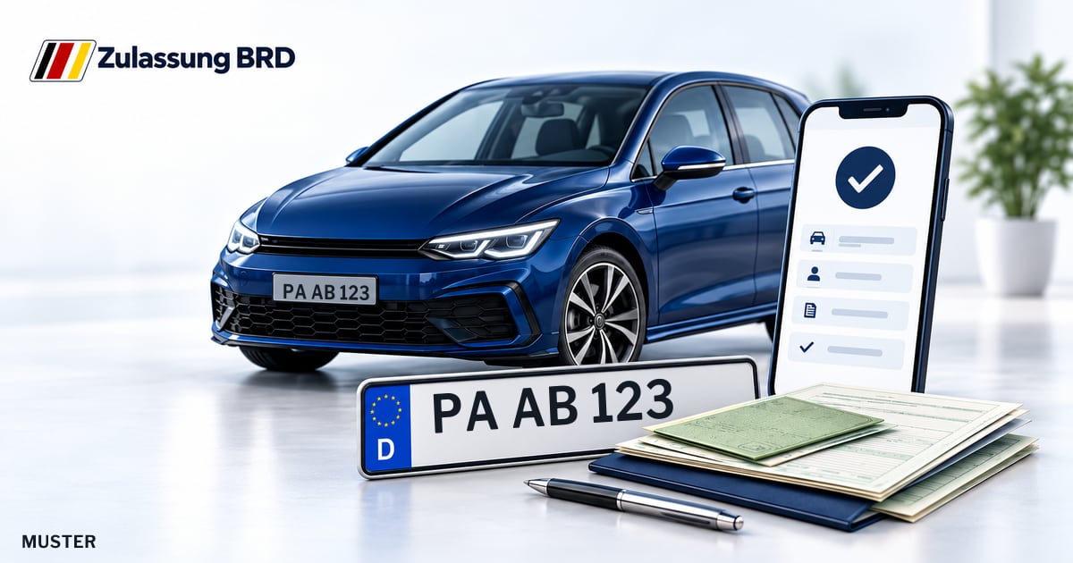 Online Fahrzeugzulassung in Pocking: Musterkennzeichen PA AB 123, Auto und Fahrzeugpapiere und Smartphone. Illustration mit Logo von Zulassung BRD.